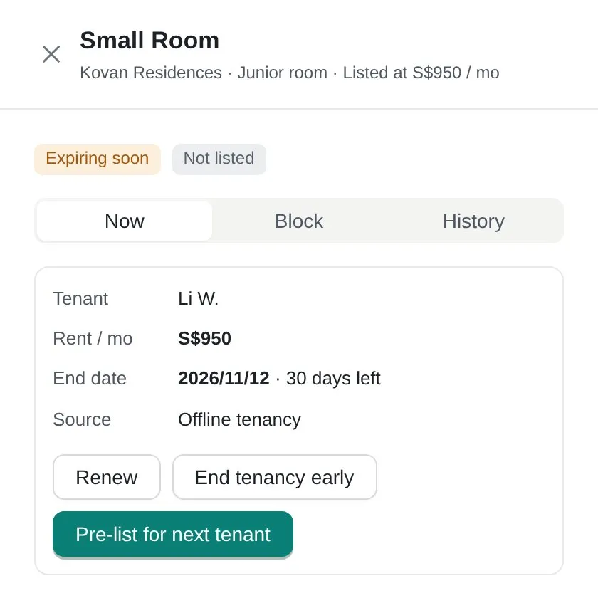 Room expiring soon: Renew, End early, Pre-list for next tenant