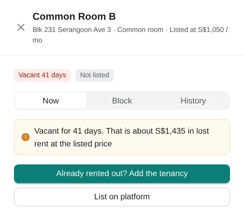 Vacant room panel with Add the tenancy